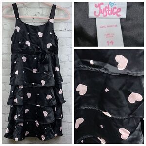 Justice Girls 14 Black Satin Sleeveless Fit & Flare Tier Ruffle Pink Heart Dress